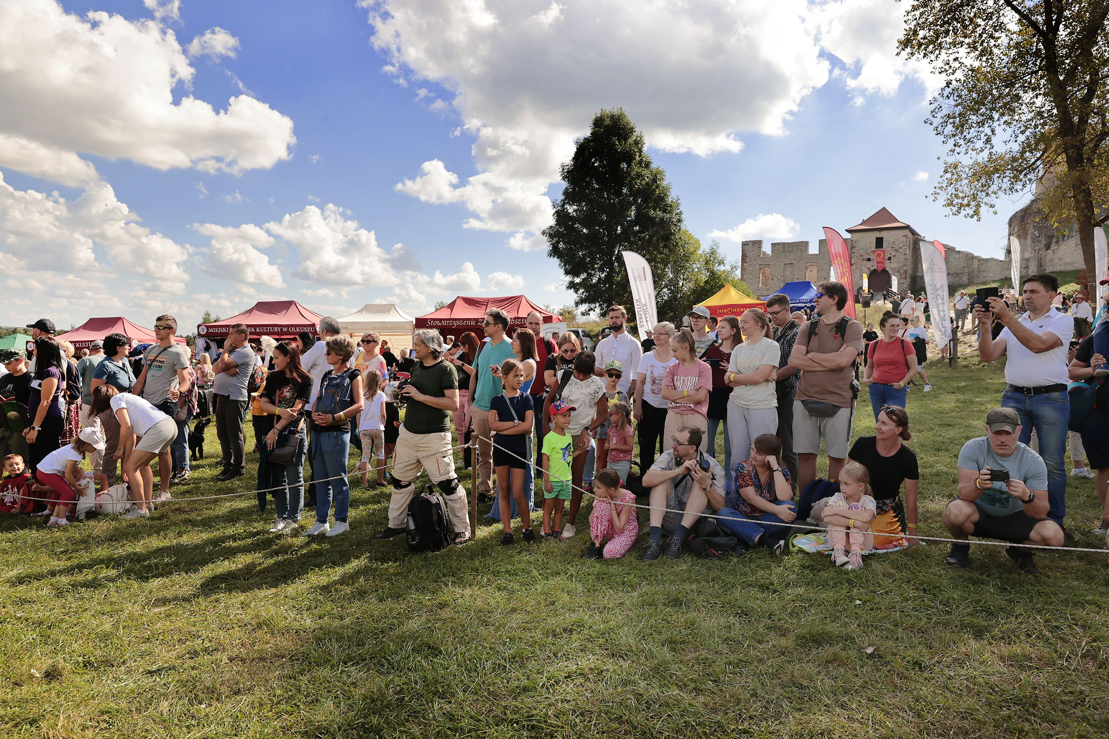 Tłum osób obserwuje rekonstrukcje historyczne
