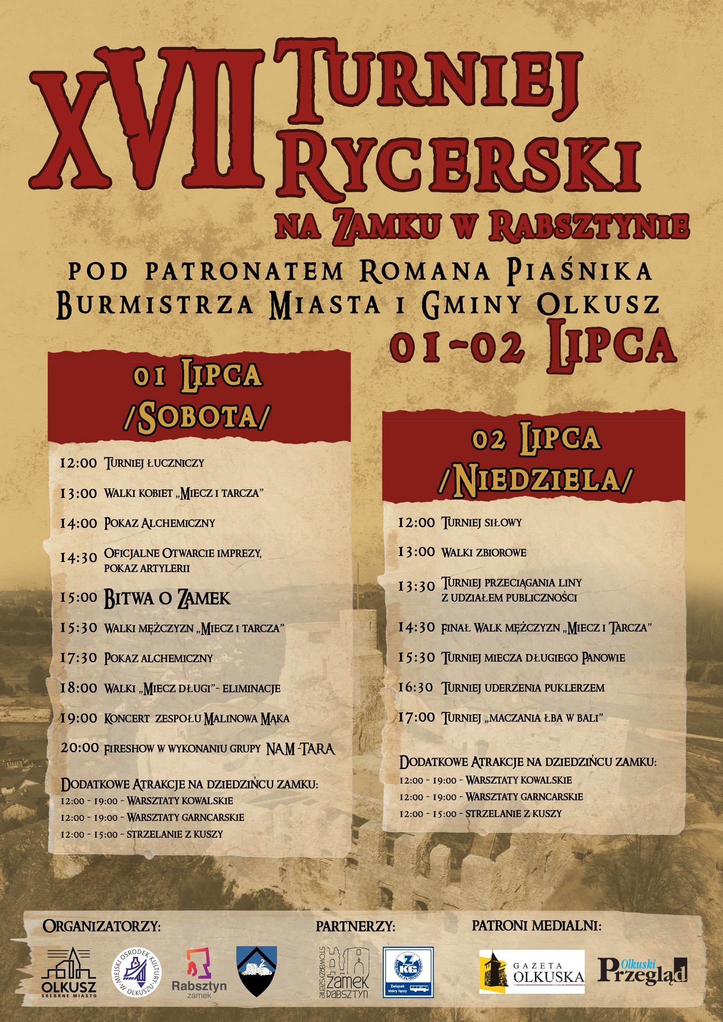 Plakat z programem turnieju rycerskiego w dniach 1 i 2 lipca 2023 rok
