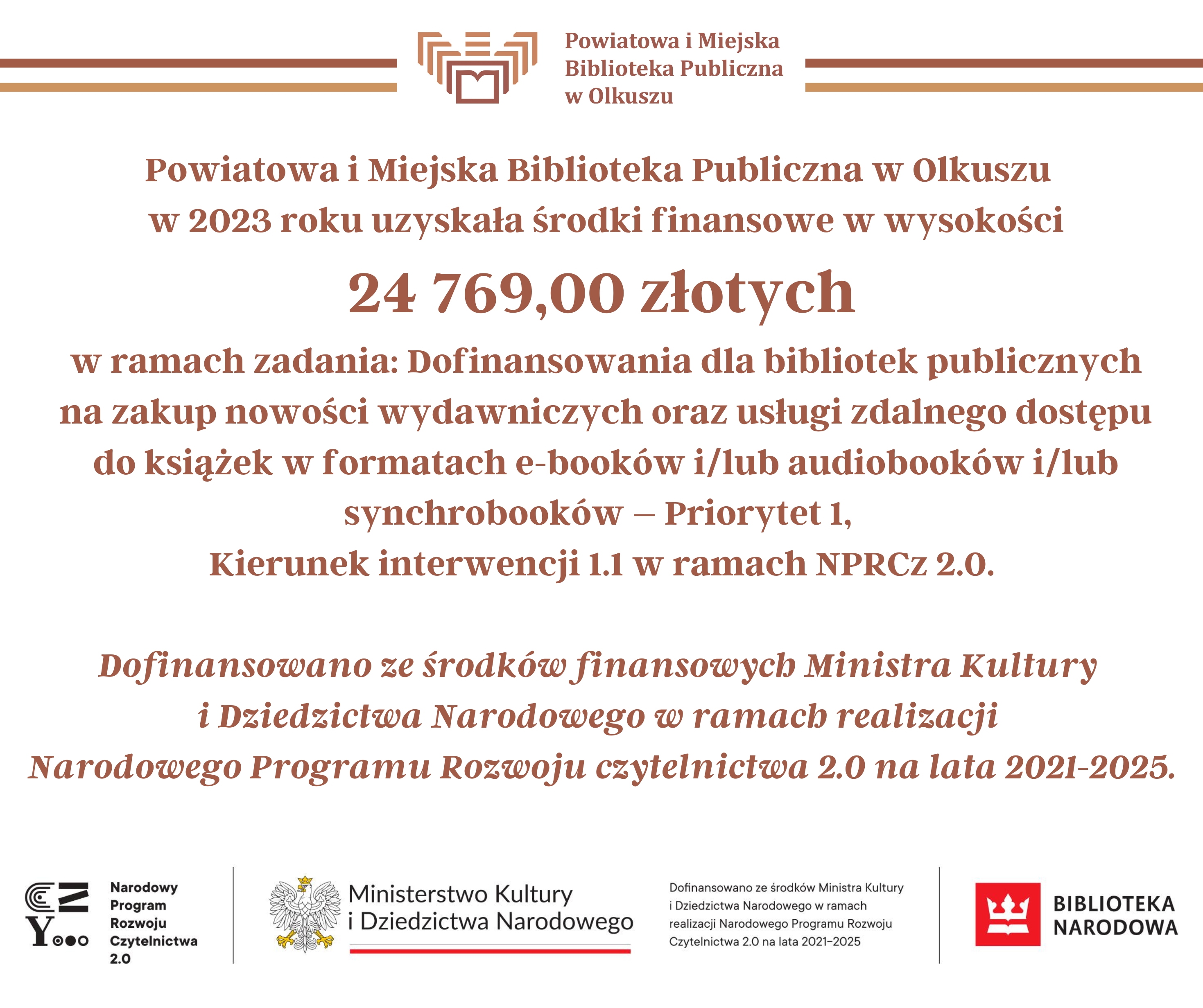 UM Olkusz: Dofinansowanie w ramach realizacji Narodowego Programu Rozwoju Czytelnictwa 2.0 na lata 2021-2025