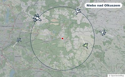 Mapa okolic miasta z sylwetkami samolotów — Niebo nad Olkuszem na żywo