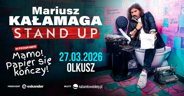 Grafika promocyjna wydarzenia Mariusz Kałamaga – „Mamo! Papier się kończy!” w Olkuszu