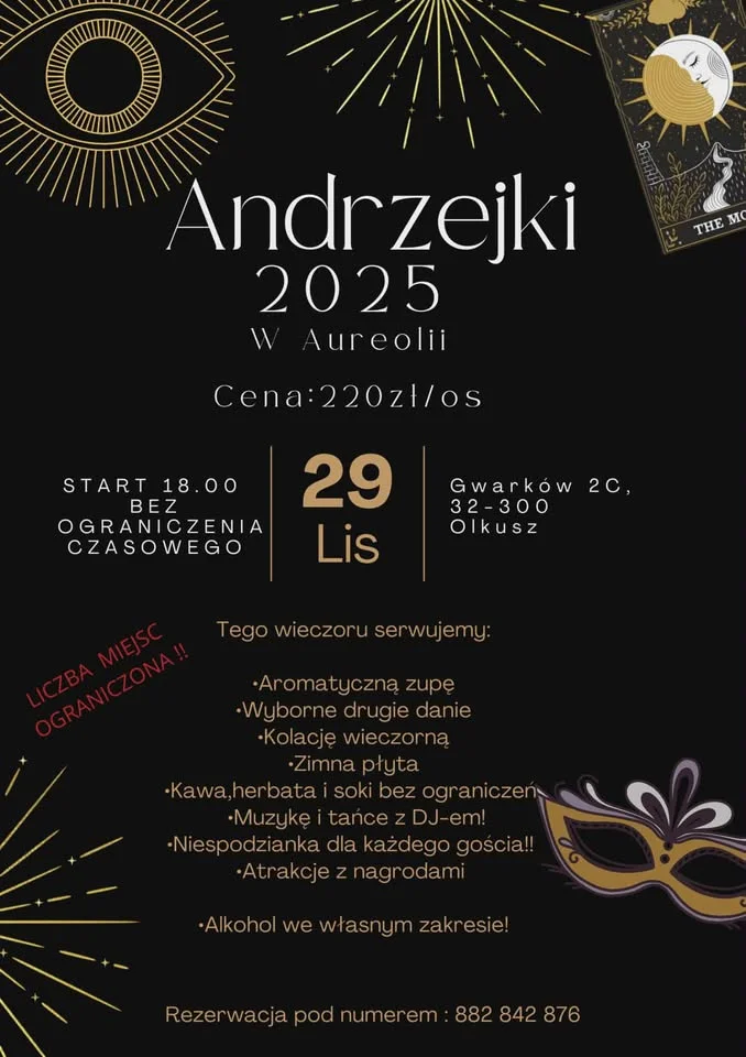 Grafika promocyjna wydarzenia Andrzejki w Olkuszu — impreza i wróżby 29 listopada 2025