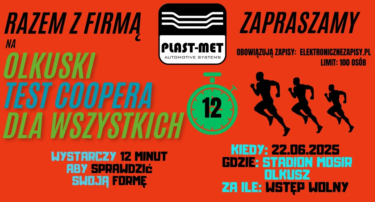 Grafika promocyjna wydarzenia Bezpłatny test kondycji biegowej na stadionie w Olkuszu