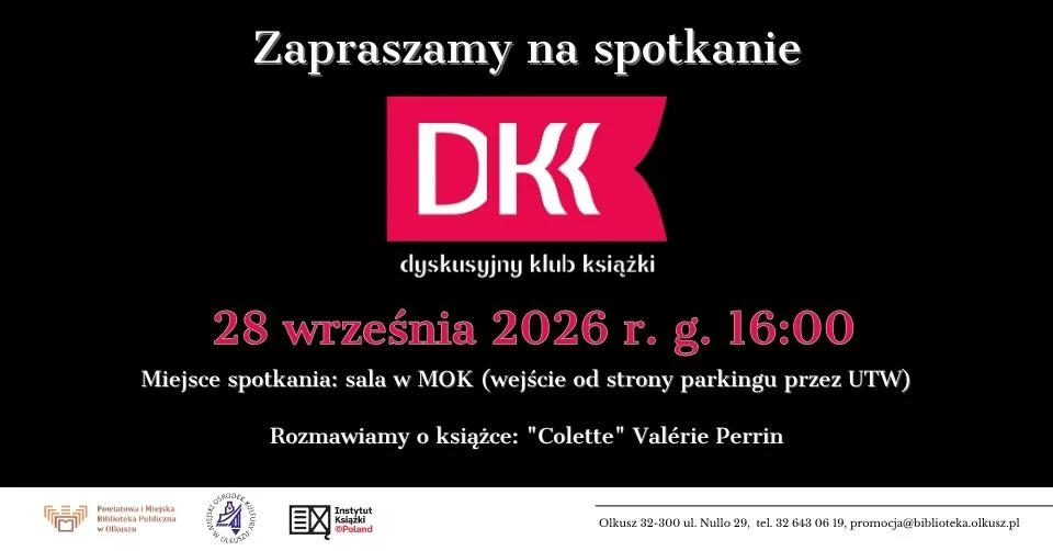 Grafika promocyjna wydarzenia Dyskusyjny Klub Książki w Olkuszu