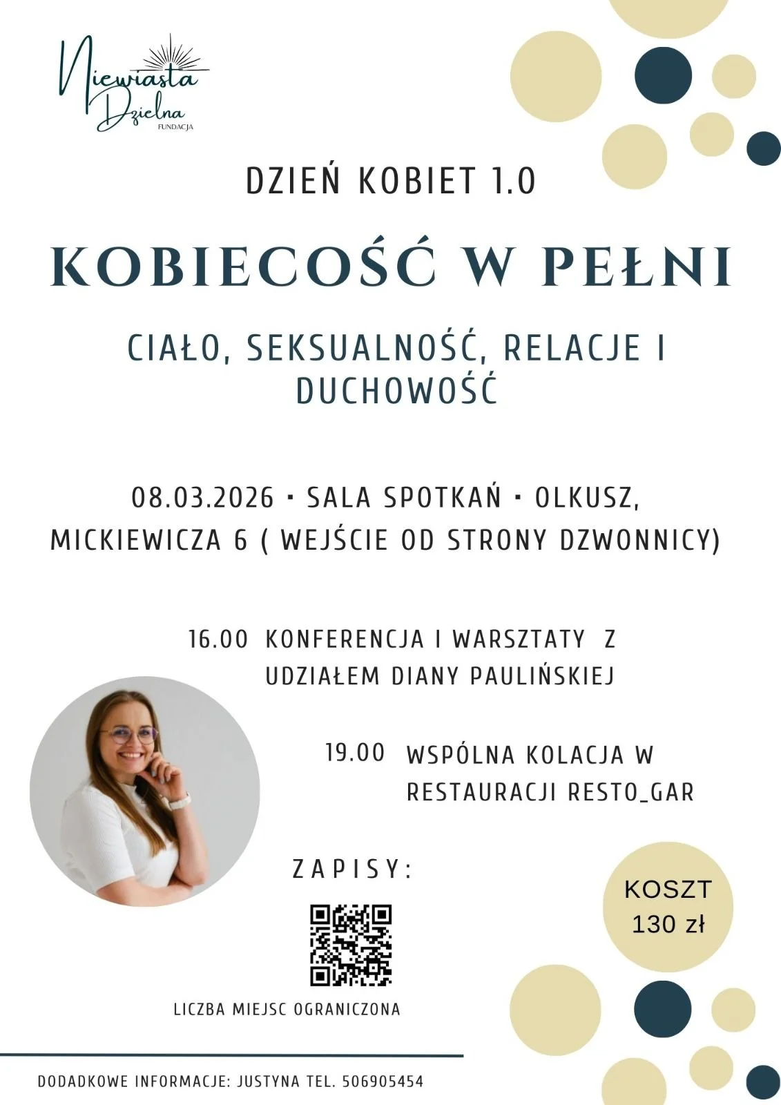 Grafika promocyjna wydarzenia Dzień Kobiet 1.0 w Olkuszu — konferencja i kolacja, 8 marca 2026