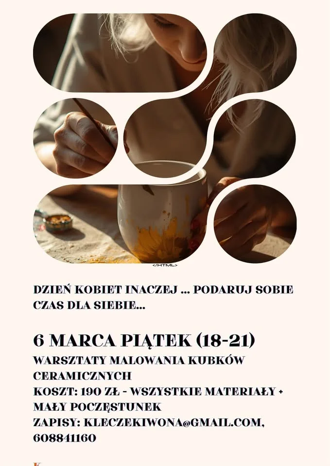 Grafika promocyjna wydarzenia Dzień Kobiet w pracowni ceramicznej — malowanie własnego kubka w Pracowni IK ceramika