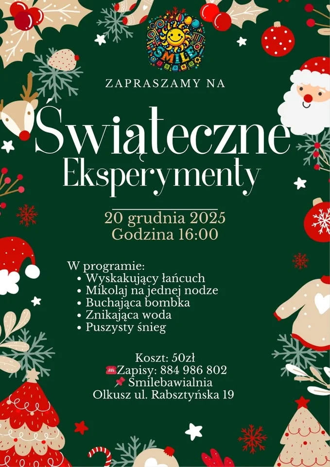 Grafika promocyjna wydarzenia Eksperymenty Świąteczne — magiczne warsztaty dla dzieci w Olkuszu