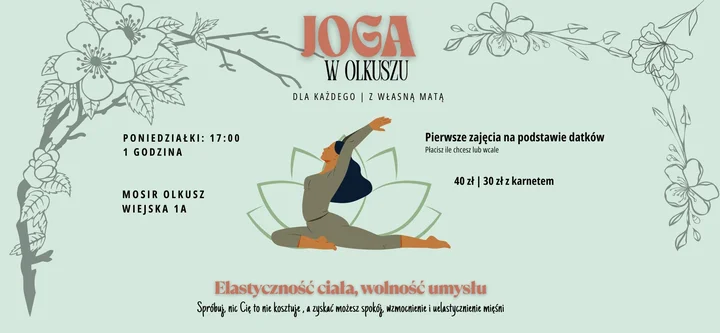 Obrazek przedstawia grafikę promocyjną wydarzenia Zajęcia jogi Vinyasa & Hatha w MOSiR Olkusz