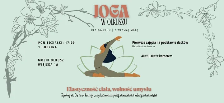 Grafika promocyjna wydarzenia Joga w Olkuszu — Vinyasa i Hatha w MOSiR Olkusz