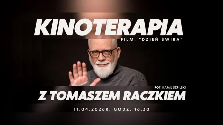 Grafika promocyjna wydarzenia Kinoterapia z Tomaszem Raczkiem w Olkuszu – film, emocje i rozmowa o „Dniu świra”