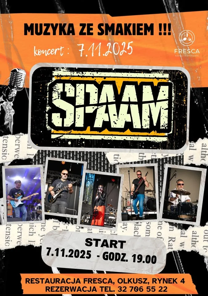 Grafika promocyjna wydarzenia SPAAM w Fresca Napoli — rockowy wieczór na olkuskim Rynku