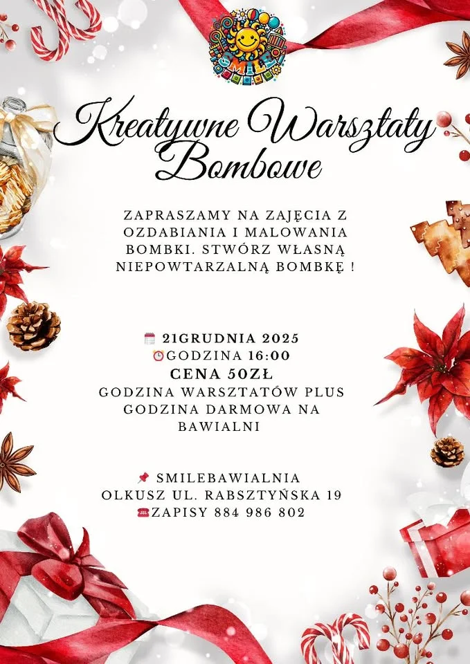 Grafika promocyjna wydarzenia Kreatywne warsztaty bombkowe w Smilebawialni