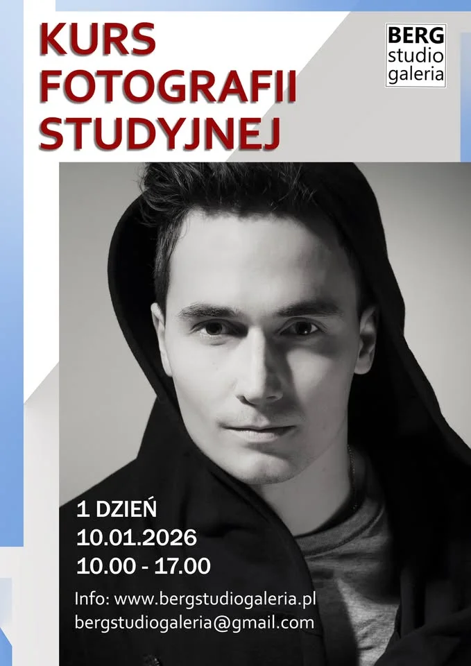 Grafika promocyjna wydarzenia Kurs fotografii studyjnej — praktyczny warsztat pracy ze światłem