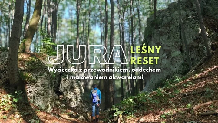 Obrazek przedstawia grafikę promocyjną wydarzenia Jurajska wycieczka z przewodnikiem, oddechem i malowaniem akwarelami