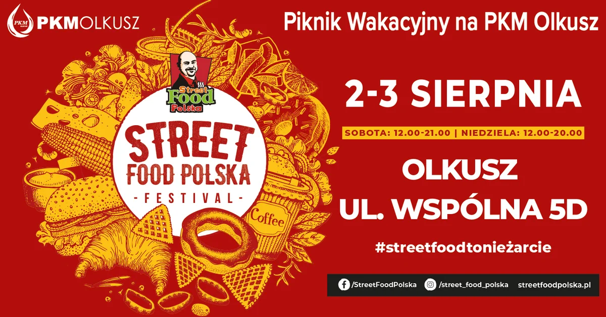 Grafika promocyjna wydarzenia Letni festiwal kulinarny i rodzinny piknik w PKM Olkusz