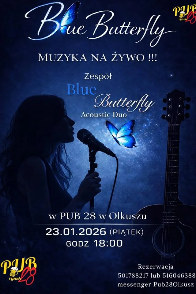 Grafika promocyjna wydarzenia Muzyka na żywo — Blue Butterfly w Olkuszu
