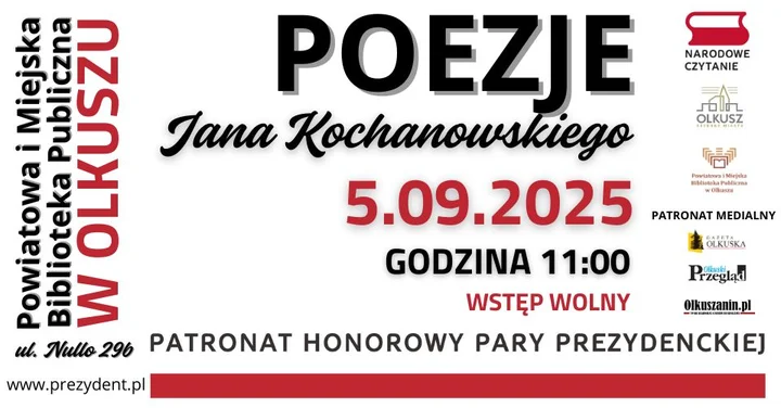 Obrazek przedstawia grafikę promocyjną wydarzenia Śródmiejskie czytanie poezji Jana Kochanowskiego w Olkuszu