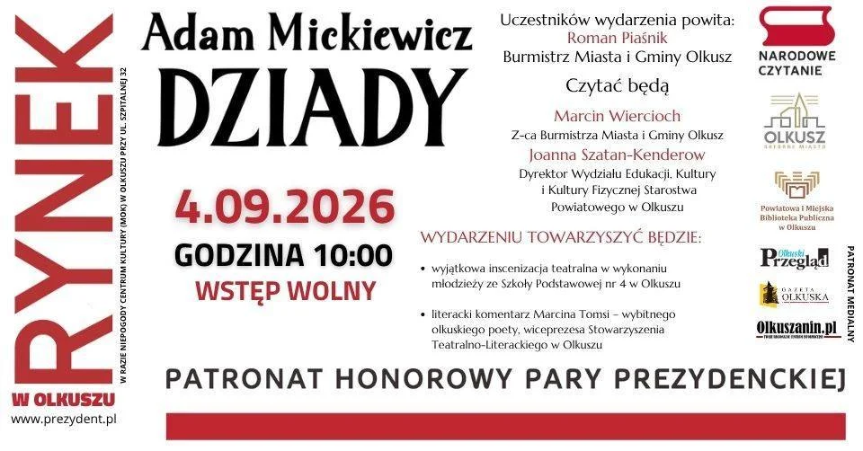 Grafika promocyjna wydarzenia NARODOWE CZYTANIE 2026 W OLKUSZU na Rynku