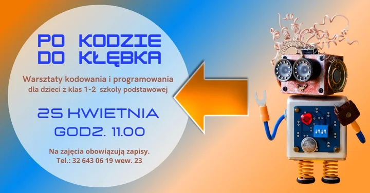 Grafika promocyjna wydarzenia Po kodzie do kłębka – warsztaty z robotem edukacyjnym dla dzieci