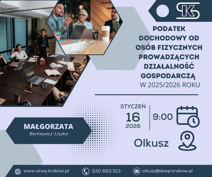 Grafika promocyjna wydarzenia Podatek dochodowy od osób fizycznych prowadzących działalność gospodarczą — rozliczenia 2025/2026 (Olkusz)
