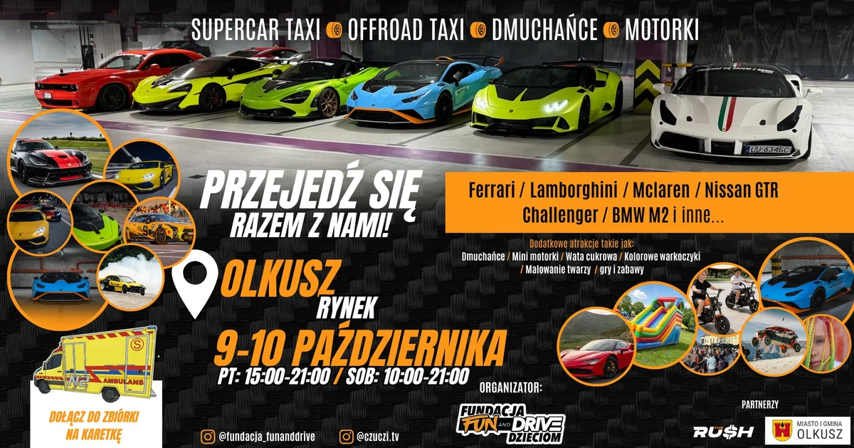 Grafika promocyjna wydarzenia Przejedź się Ferrari i Lamborghini w Olkuszu