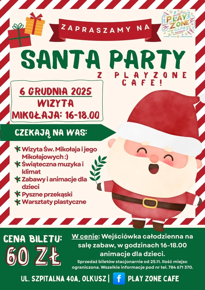 Grafika promocyjna wydarzenia Santa Party w Play Zone Cafe — Mikołaj, animacje i warsztaty (6 grudnia 2025)