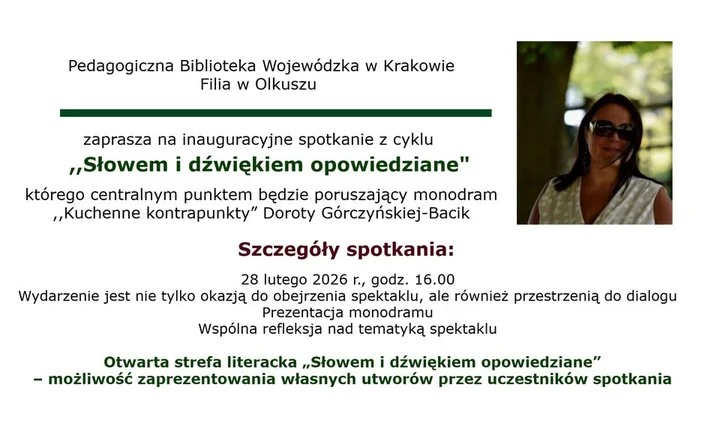 Grafika promocyjna wydarzenia Słowem i dźwiękiem opowiedziane — „Kuchenne kontrapunkty” (monodram)