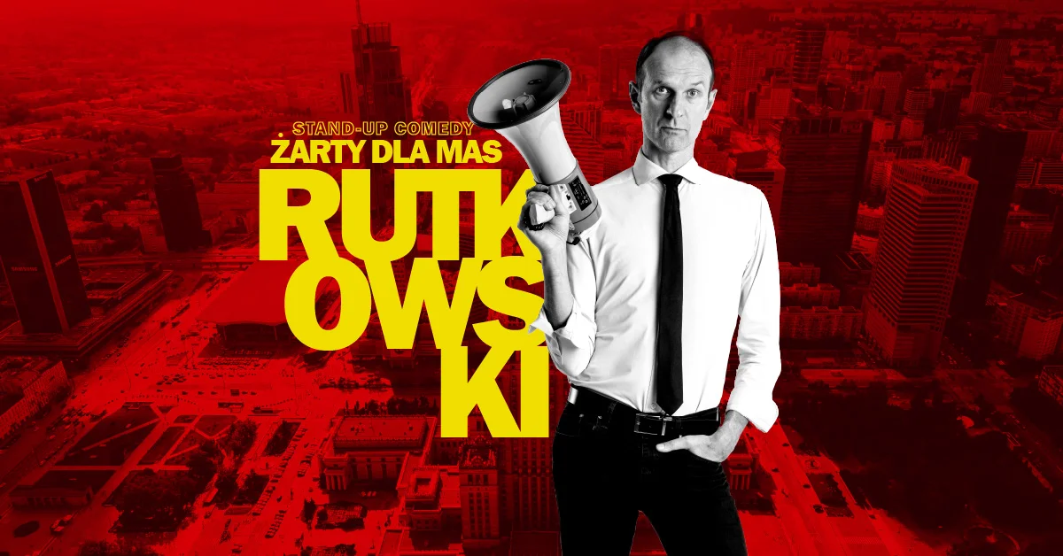 Grafika promocyjna wydarzenia Stand-up Rafała Rutkowskiego w Olkuszu – program "Żarty dla mas"