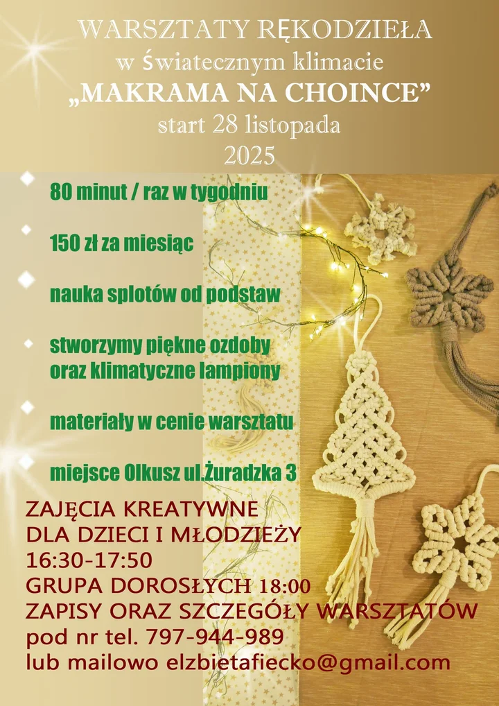Grafika promocyjna wydarzenia Świąteczne Makramy — warsztaty rękodzieła (spotkanie organizacyjne)