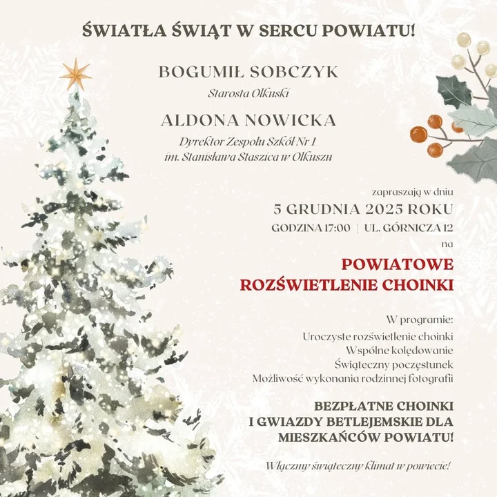 Grafika promocyjna wydarzenia Światła świąt w sercu powiatu — powiatowe rozświetlenie choinki w Olkuszu