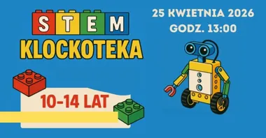 Grafika promocyjna wydarzenia Klockoteka w Olkuszu: roboty LEGO, programowanie i region w wersji dla młodych