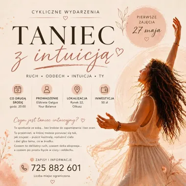 Grafika promocyjna wydarzenia Taniec z intuicją w Olkuszu – ruch, oddech i chwila tylko dla siebie