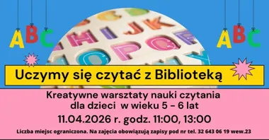 Grafika promocyjna wydarzenia Uczymy się czytać z Biblioteką w Olkuszu – bezpłatne warsztaty dla 5- i 6-latków
