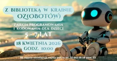 Grafika promocyjna wydarzenia Z Biblioteką w krainie Oz(obotów) w Olkuszu – zajęcia z kodowania dla dzieci
