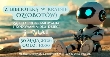 Grafika promocyjna wydarzenia Z Biblioteką w Krainie Ozobotów – dzieci uczą się kodowania przez zabawę