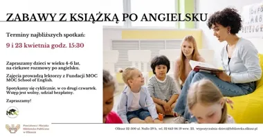 Grafika promocyjna wydarzenia Zabawy z książką po angielsku w Bibliotece w Olkuszu