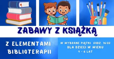 Grafika promocyjna wydarzenia Zabawy z książką z elementami biblioterapii w Olkuszu. Bajki, ruch i twórcza zabawa dla najmłodszych