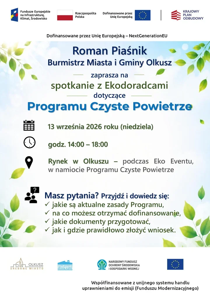 Grafika promocyjna wydarzenia Spotkanie z Ekodoradcami dotyczące Programu „Czyste Powietrze”