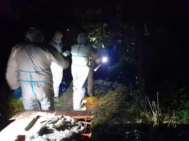 W nocy, w lesie, kilka osób w kombinezonach ochronnych z niebieskimi taśmami pracuje przy oświetlonym miejscu zdarzenia, w tle widać latarki i drzewa.